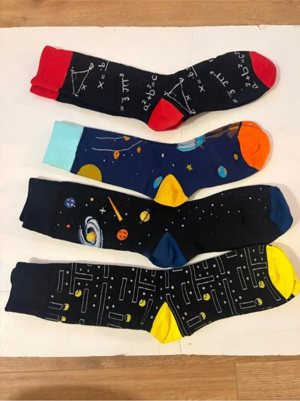 4-Pack Space Science Novelty Crew Socks Bundle Pac-Man Galaxy Math
